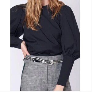 Veronica Beard Clarke Button Down Back Poplin Top Black Puff Sleeve Size 4